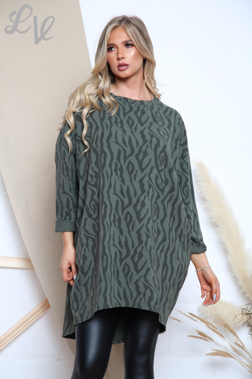 Ladies Zig Zag Print Tunic Top Dress Khaki Unit Price £13.99
