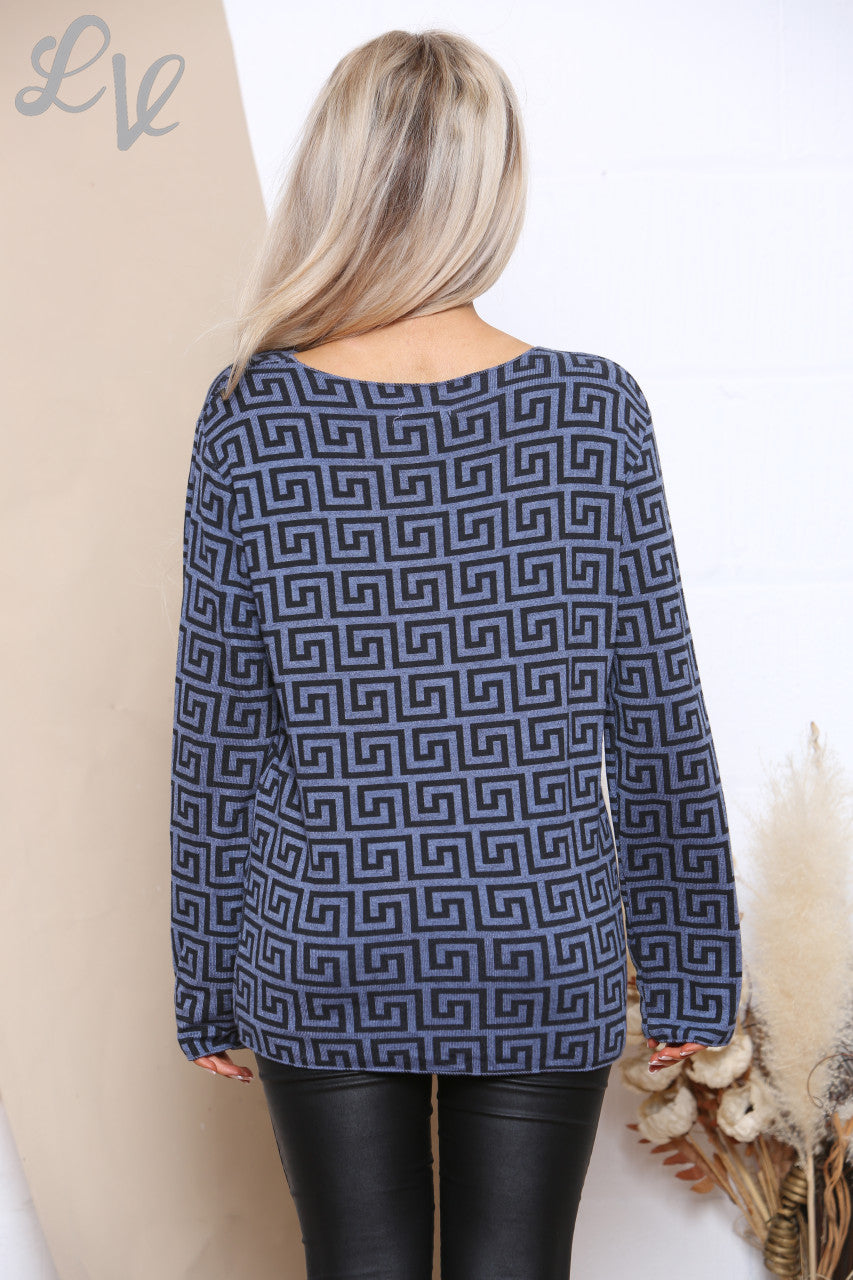 Dames Top Met Geometrische Print Lange Mouw Denim Stukprijs €7,99