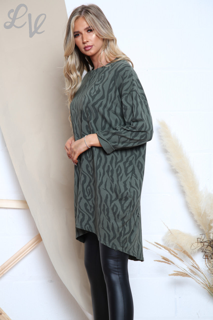 Ladies Zig Zag Print Tunic Top Dress Khaki Unit Price £13.99