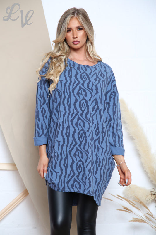 Dames Zigzag Print Tuniek Top Jurk Denim Stukprijs £8.99