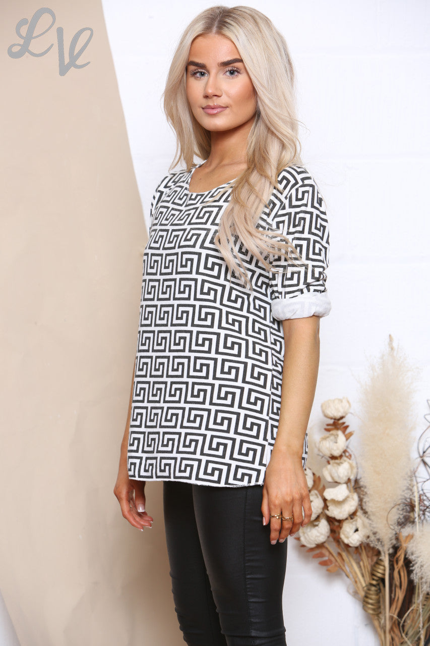 Dames Top met Geometrische Print Lange Mouwen Wit Stukprijs €7,99