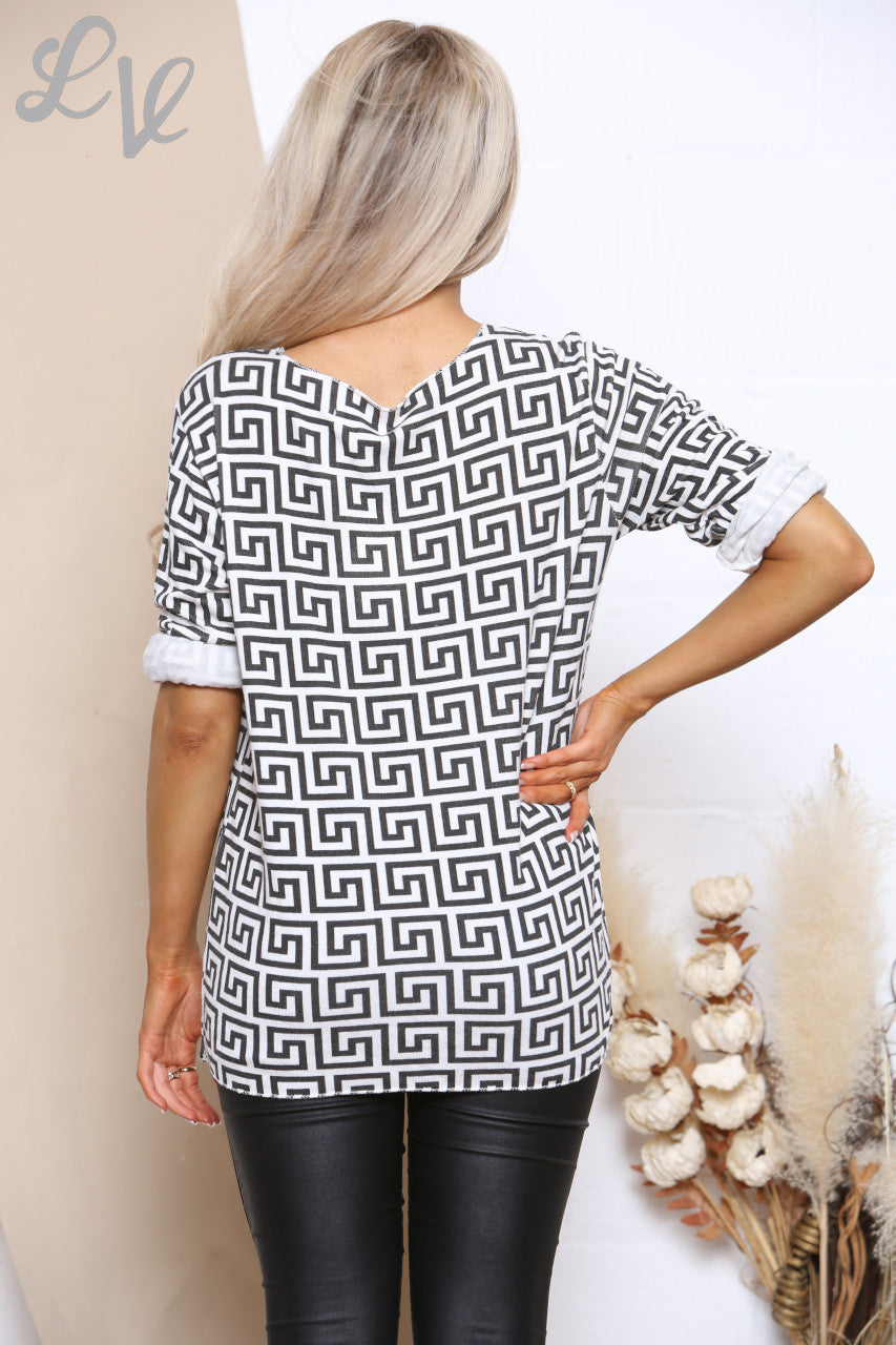 Dames Top met Geometrische Print Lange Mouwen Wit Stukprijs €7,99