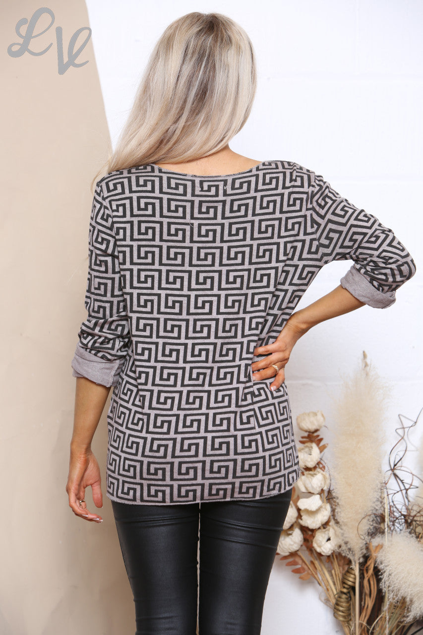 Ladies Geometric Print Long Sleeve Top Stone Unit Price £7.99