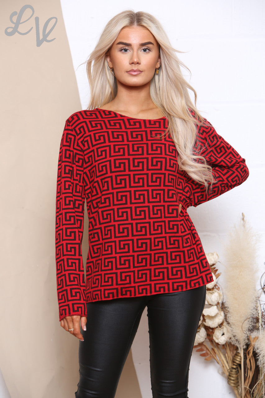 Dames top met geometrische print en lange mouwen rood Stukprijs €7,99