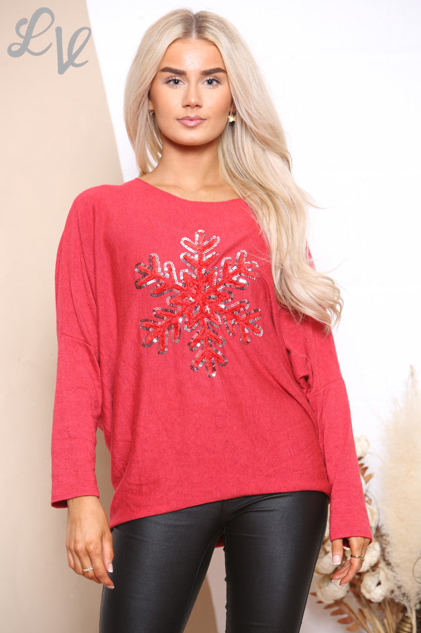 Dames Sparkle Snowflake Top Rood