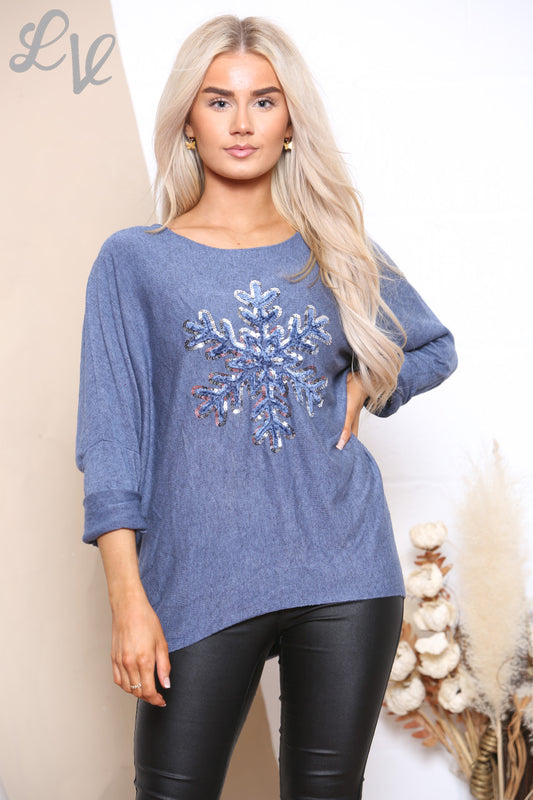 Dames Sparkle Snowflake Top Denim
