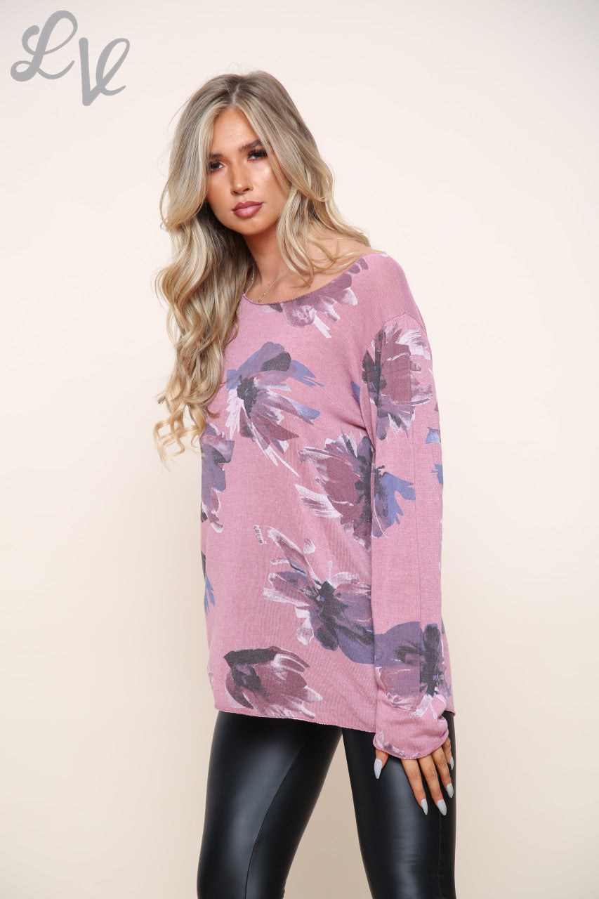 Ladies Floral Print Fine Knit Top Dusty Pink Unit Price £9.99