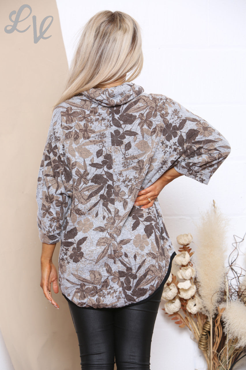 Dames trui met bladprint en col, grijs, eenheidsprijs WAS €9,99 NU €3,99
