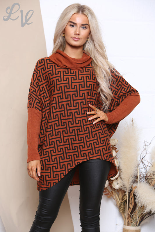 Ladies Geometric Print Roll Neck Top Rust Unit Price £8.99