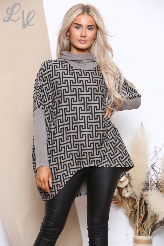 Ladies Geometric Print Roll Neck Top Stone Unit Price £8.99