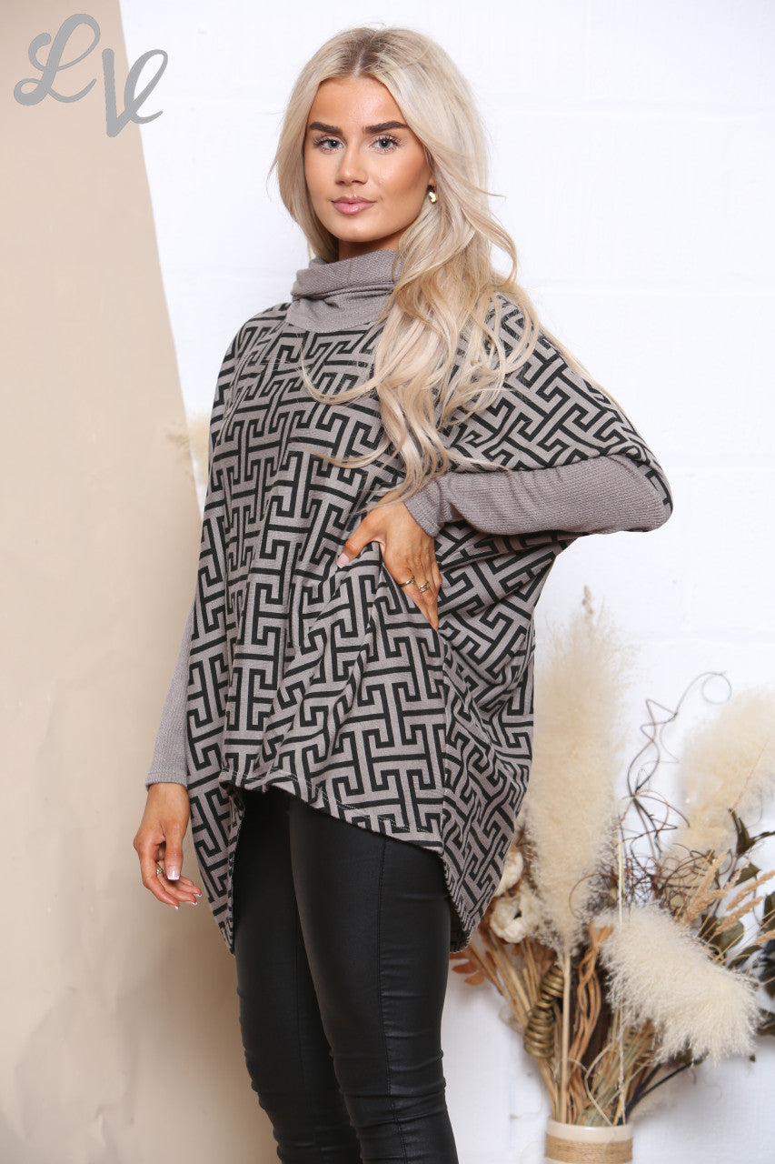 Ladies Geometric Print Roll Neck Top Stone Unit Price £8.99