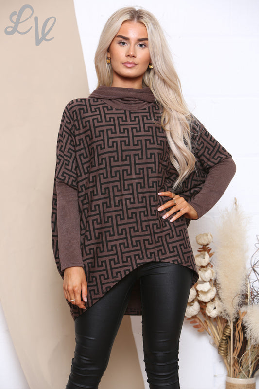 Ladies Geometric Print Roll Neck Top Brown Unit Price £8.99