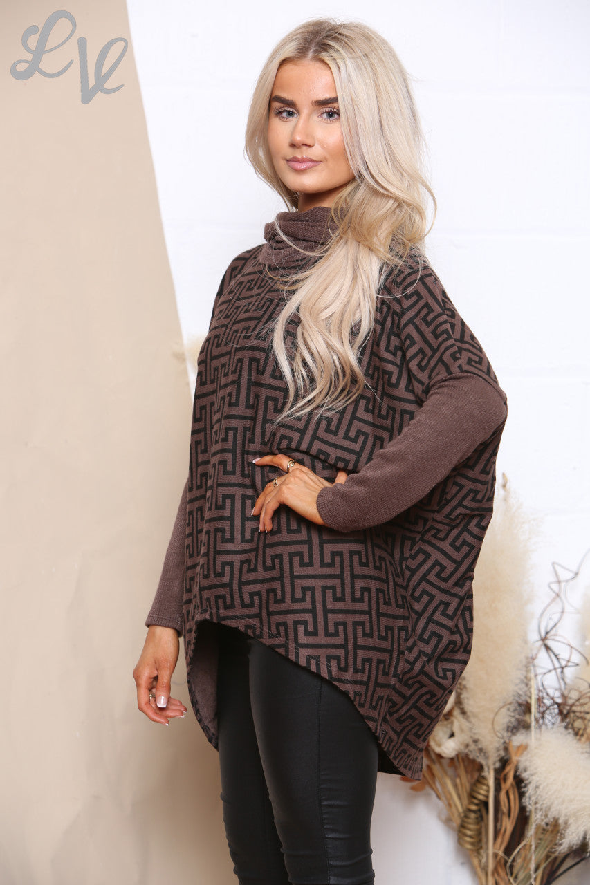 Dames Top met Geometrische Print en Colkraag Bruin Prijs per stuk €8,99