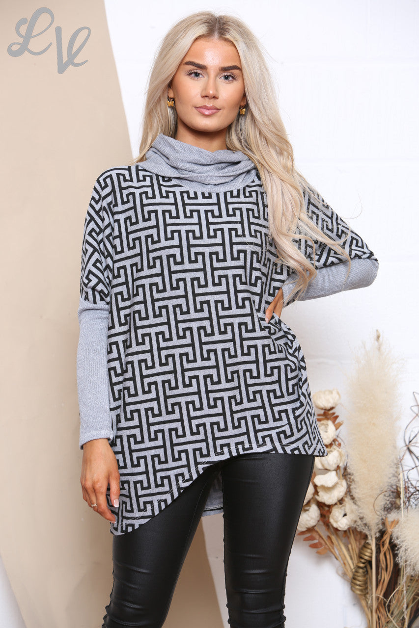Ladies Geometric Print Roll Neck Top Grey Unit Price £8.99