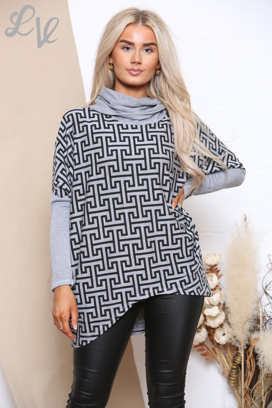 Ladies Geometric Print Roll Neck Top Grey Unit Price £8.99