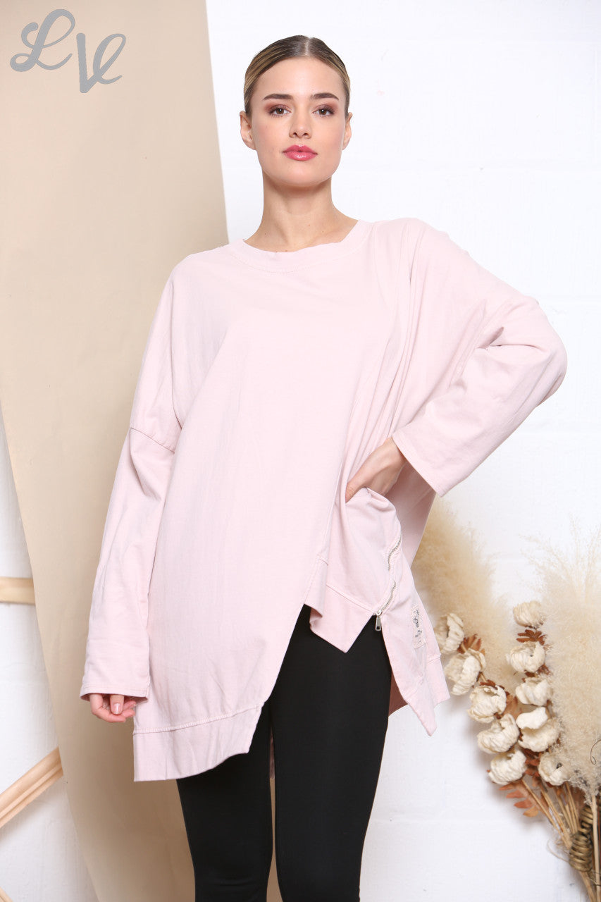 Ladies Cut Out Detail Sweatshirt Top Dusty Pink