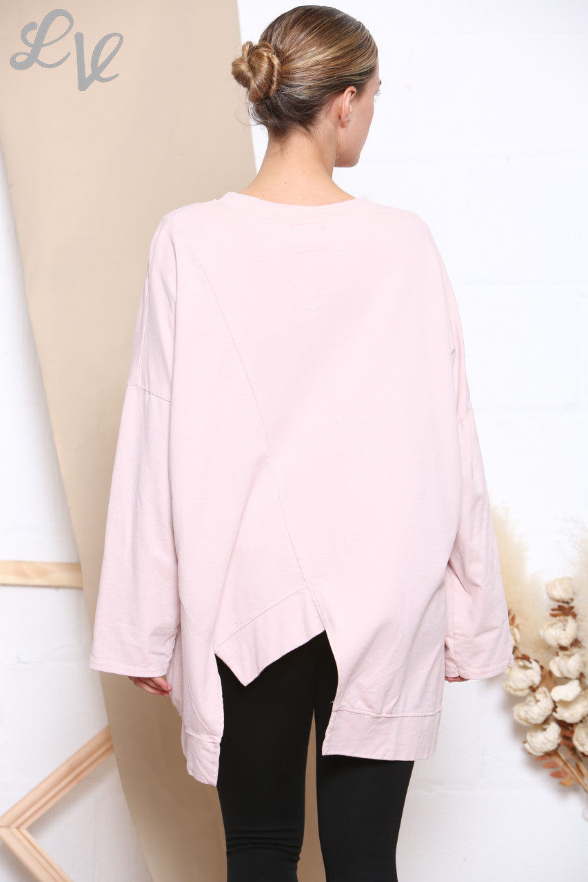 Ladies Cut Out Detail Sweatshirt Top Dusty Pink