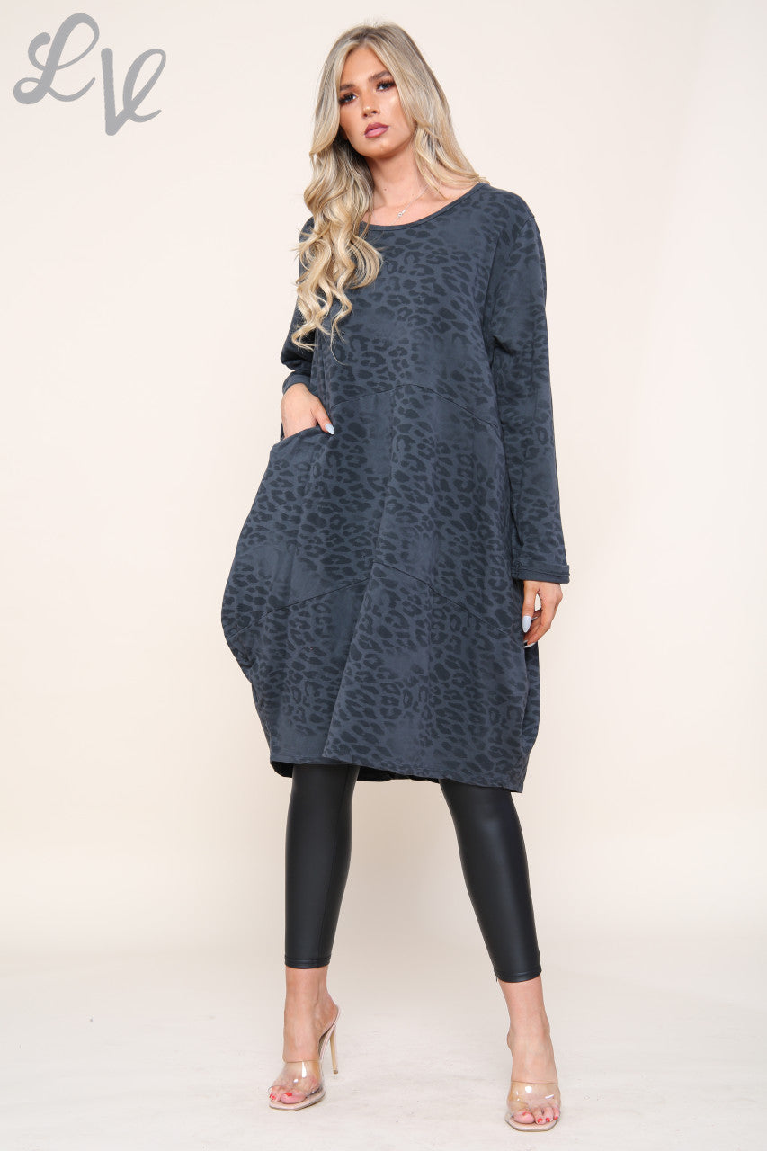 Ladies Animal Leopard Print Tunic Dress Top Charcoal Unit Price £13.99