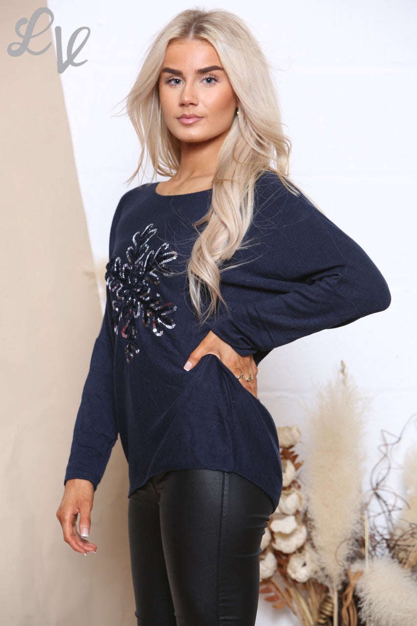 Dames Sparkle Sneeuwvlok Top Marineblauw