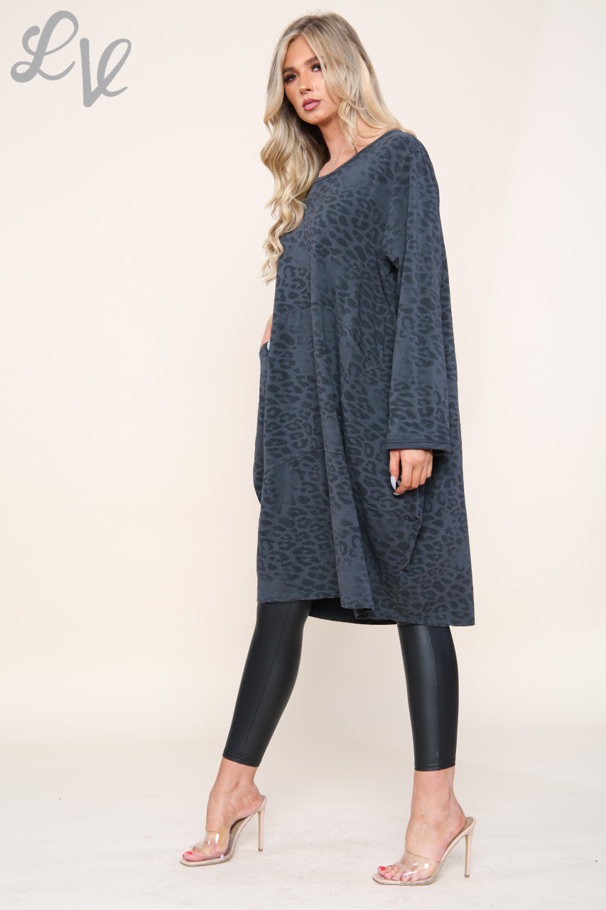 Ladies Animal Leopard Print Tunic Dress Top Charcoal Unit Price £13.99