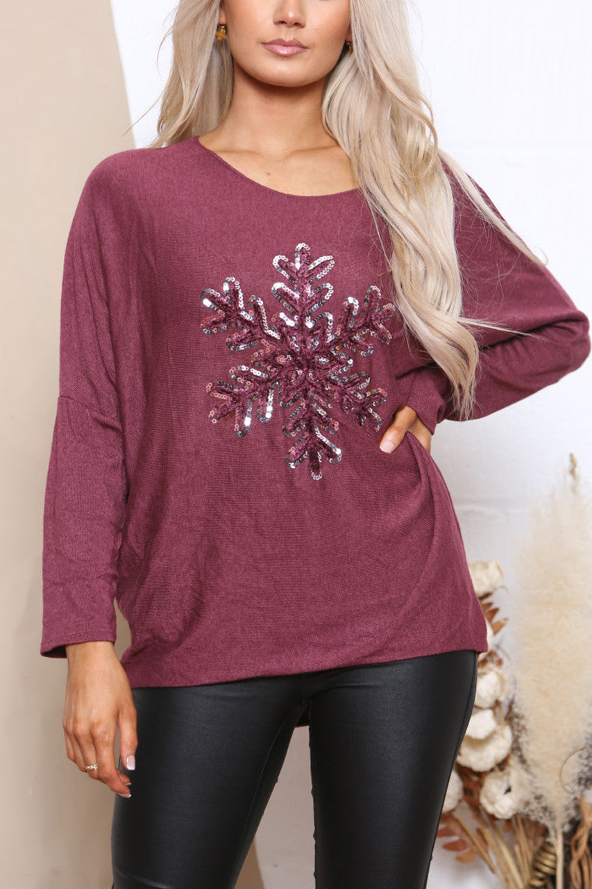 SEQUIN SNOWFLAKE SPARKLE FINE KNIT JUMPER TOP WINE
