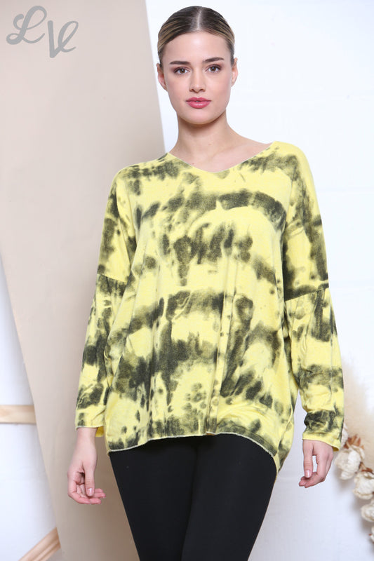 Ladies Tie Dye Print Fine Knit Jumper Top Lemon