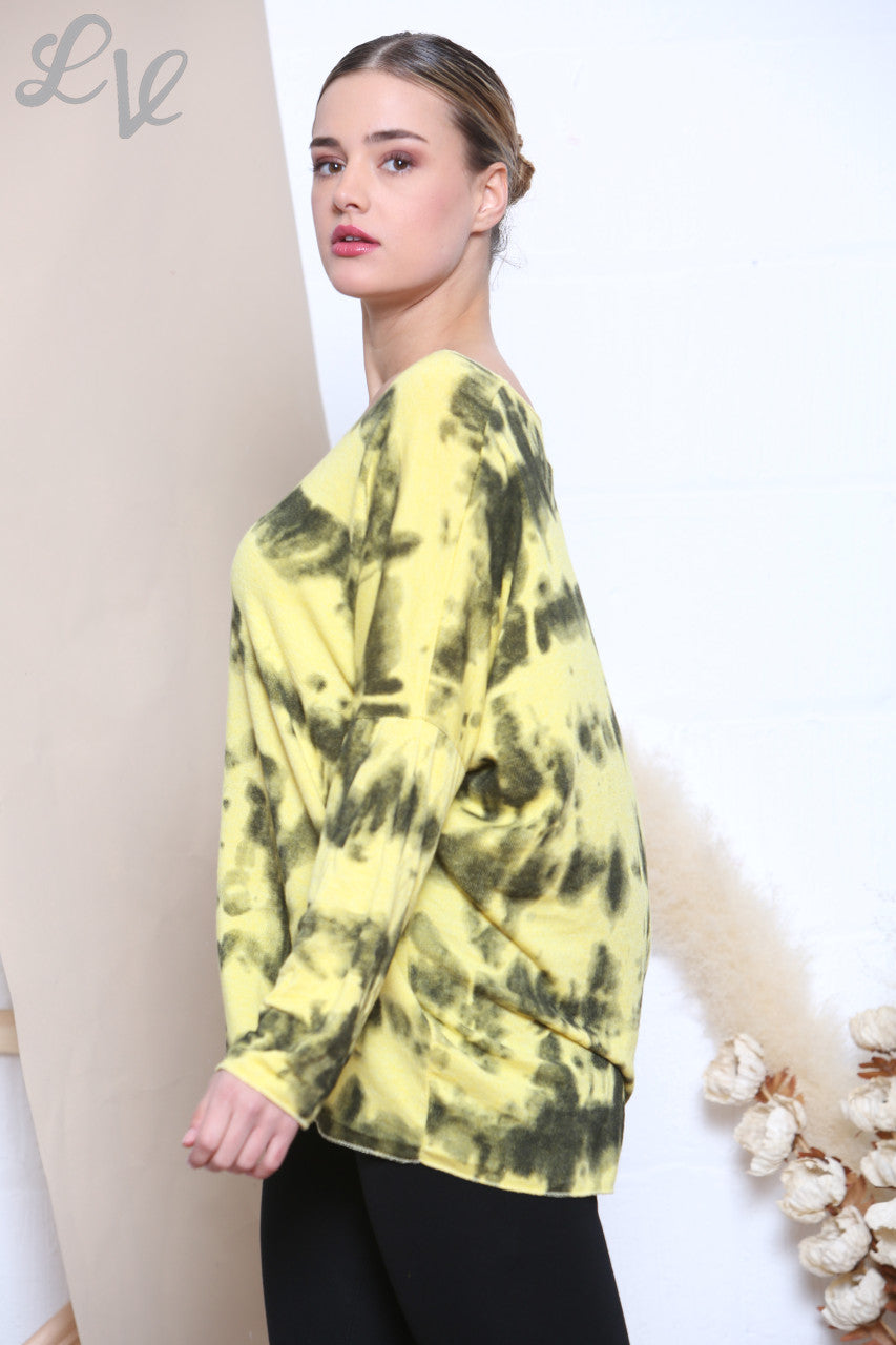 Ladies Tie Dye Print Fine Knit Jumper Top Lemon