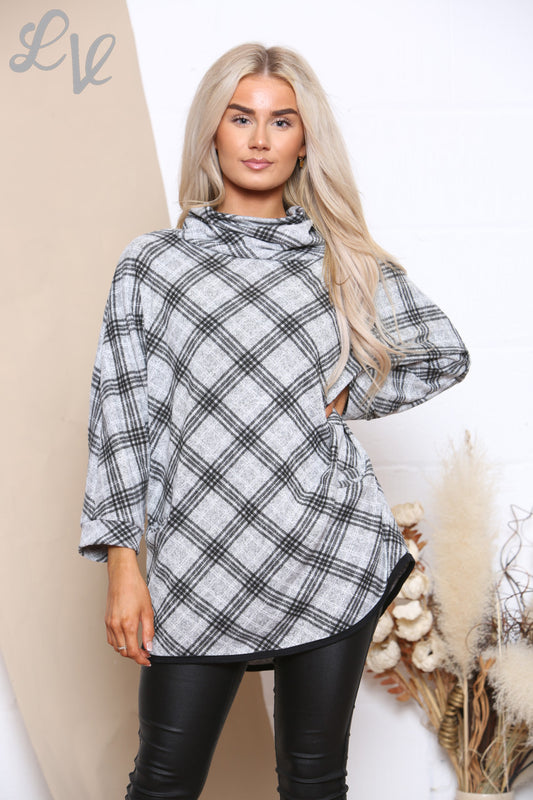 Ladies Check Print Cowl Neck Jumper Grey Unit Price WAS £9.99 NOW £3.99