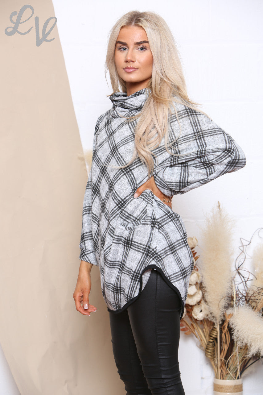 Ladies Check Print Cowl Neck Jumper Grey Unit Price WAS £9.99 NOW £3.99