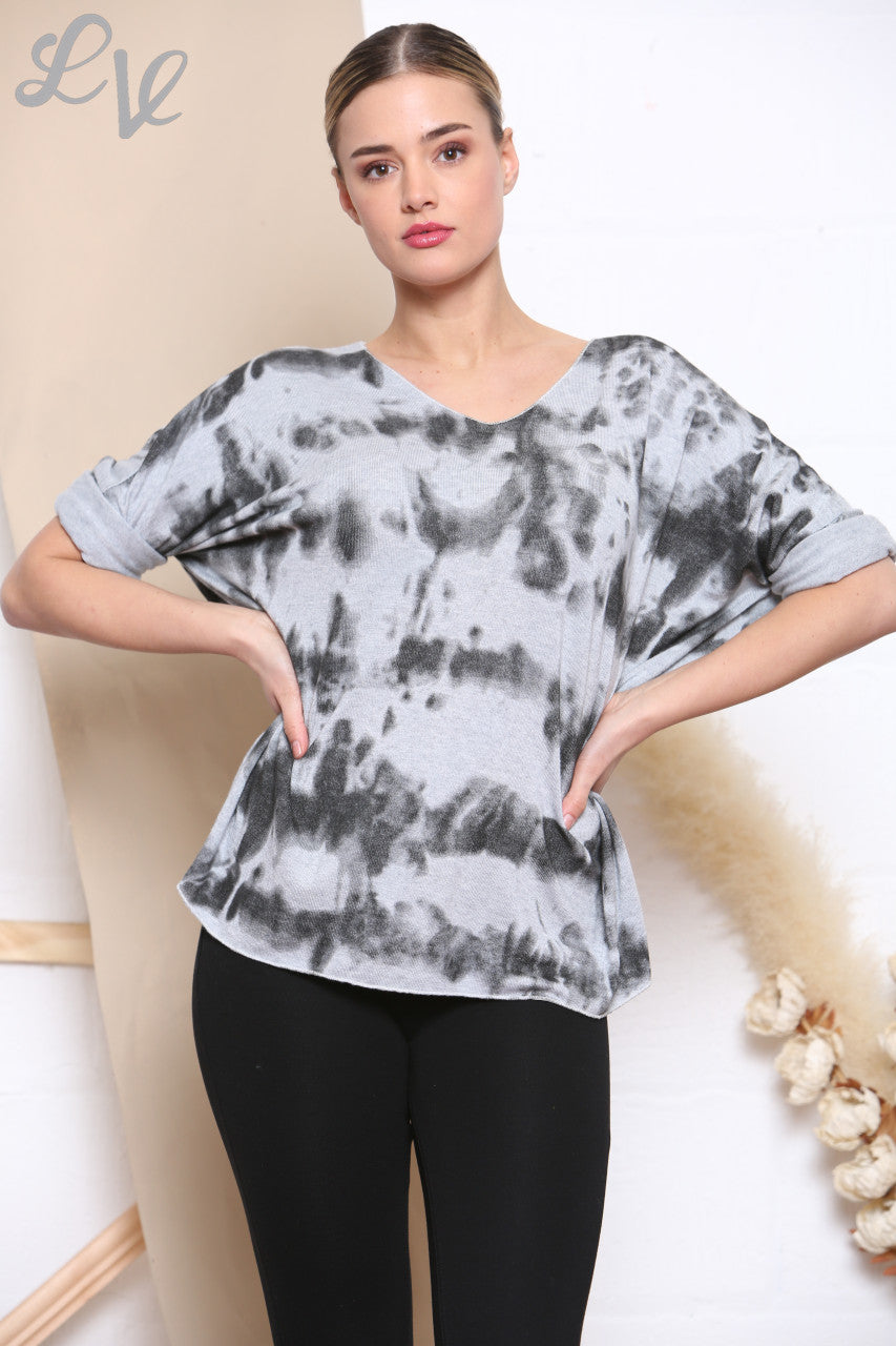 Ladies Tie Dye Print Fine Knit Jumper Top  Grey