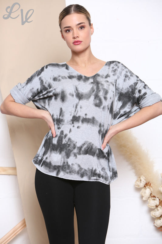 Ladies Tie Dye Print Fine Knit Jumper Top Grey