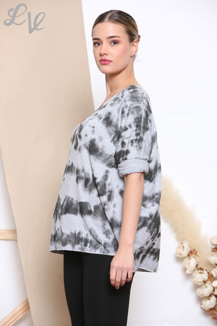 Ladies Tie Dye Print Fine Knit Jumper Top  Grey