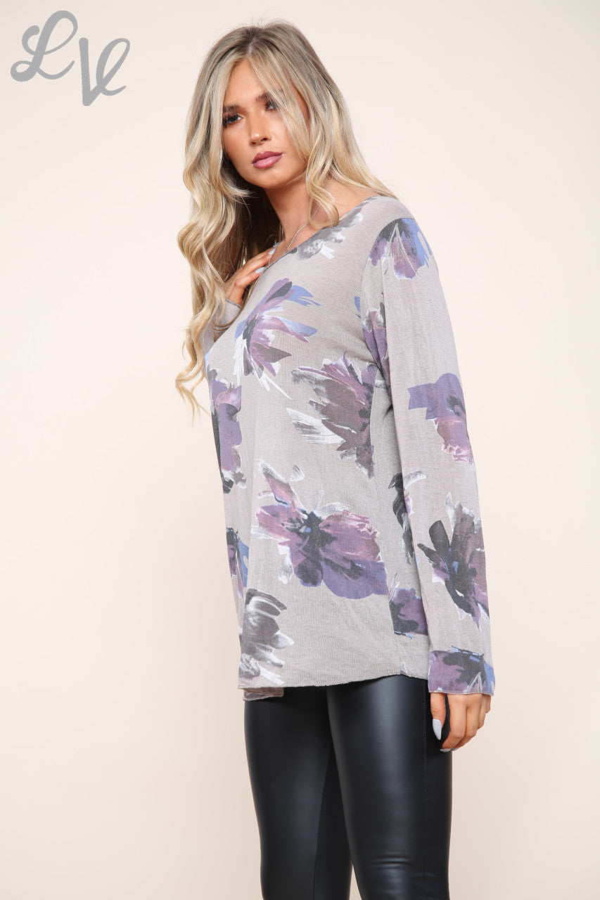 Ladies Floral Print Fine Knit Top Taupe Unit Price £9.99