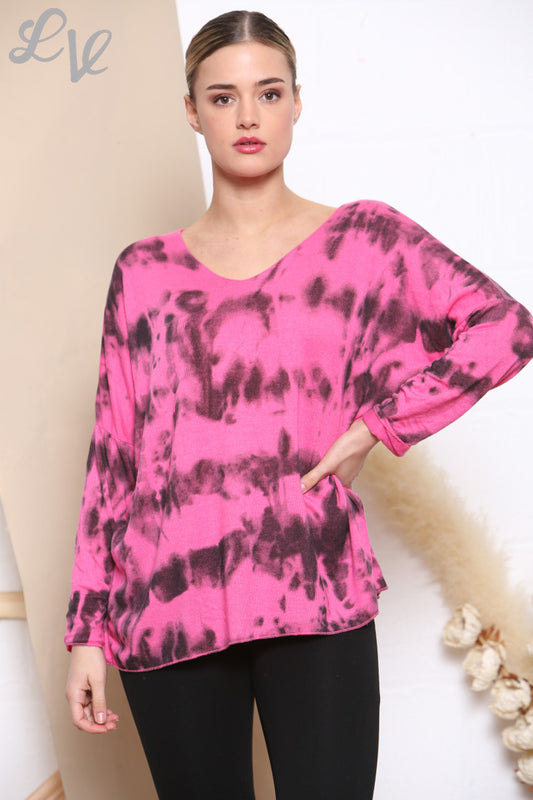 Ladies Tie Dye Print Fine Knit Jumper Top Cerise