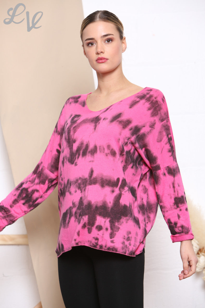 Ladies Tie Dye Print Fine Knit Jumper Top Cerise