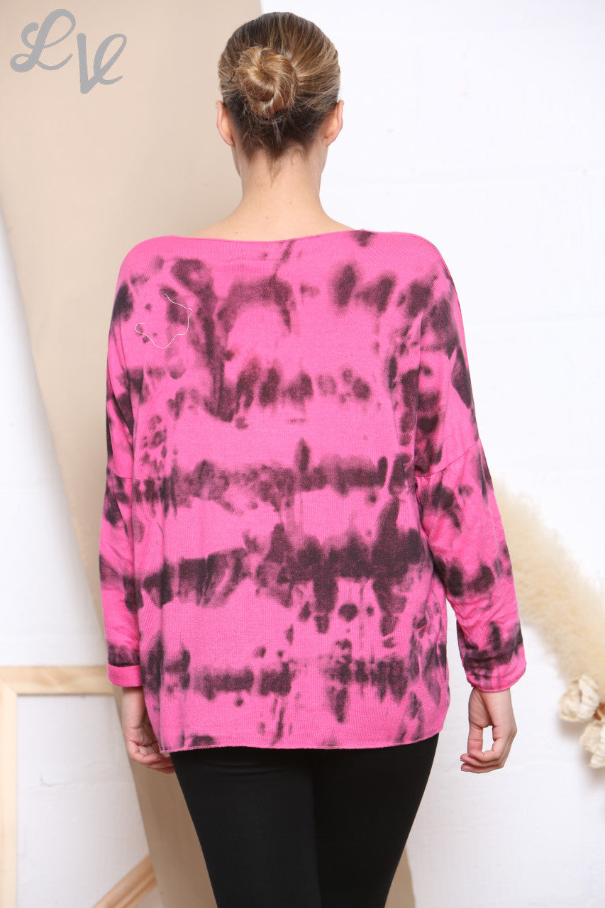 Ladies Tie Dye Print Fine Knit Jumper Top Cerise