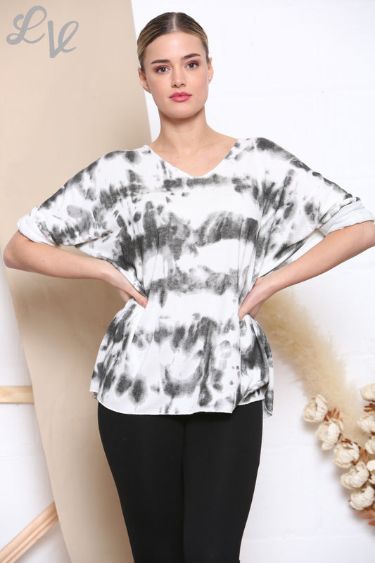 Ladies Tie Dye Print Fine Knit Jumper Top White