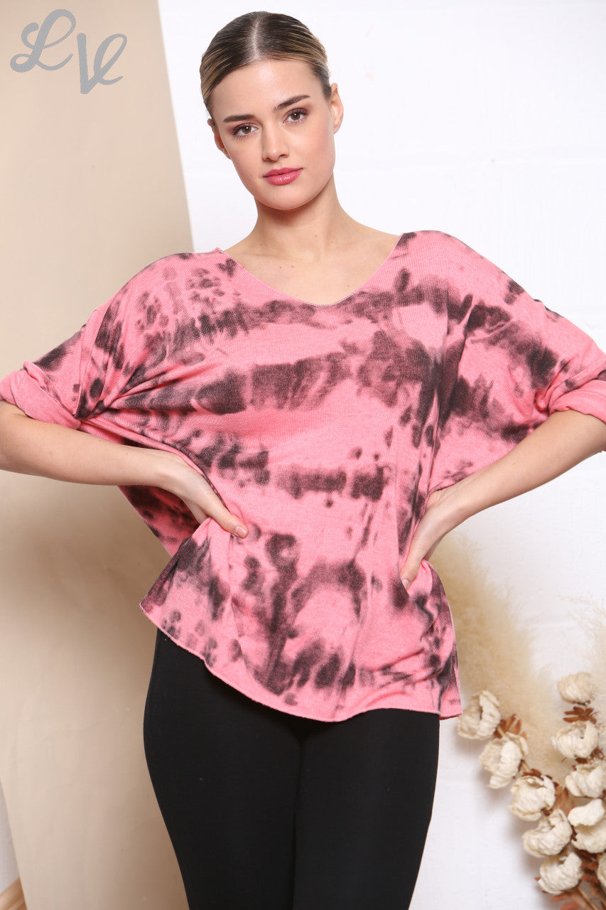 Ladies Tie Dye Print Fine Knit Jumper Top Coral