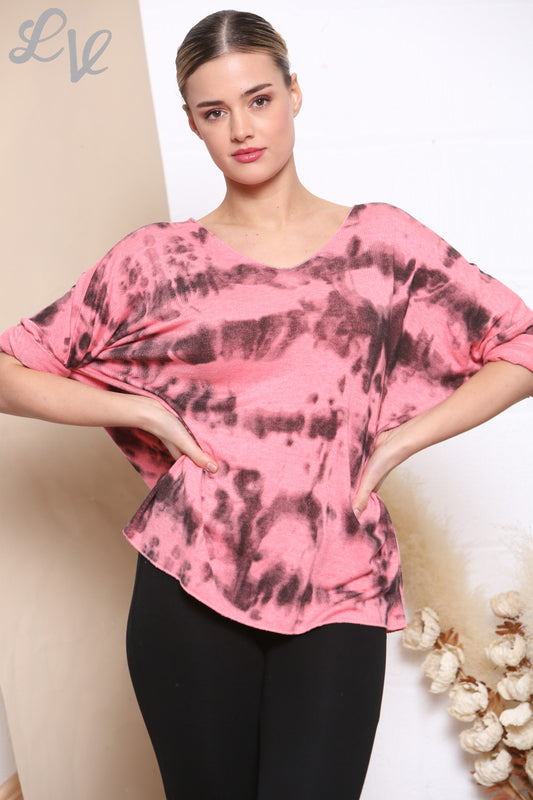 Ladies Tie Dye Print Fine Knit Jumper Top Coral