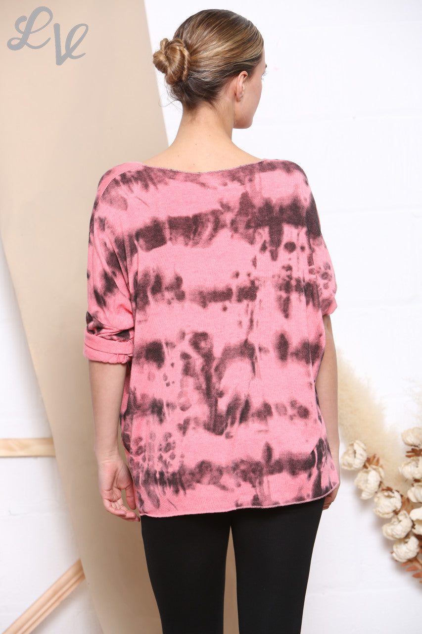 Ladies Tie Dye Print Fine Knit Jumper Top Coral