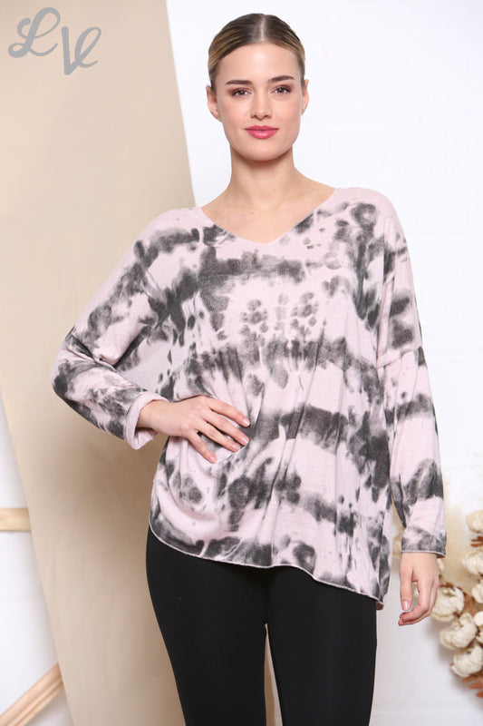 Ladies Tie Dye Print Fine Knit Jumper Top Dusty Pink