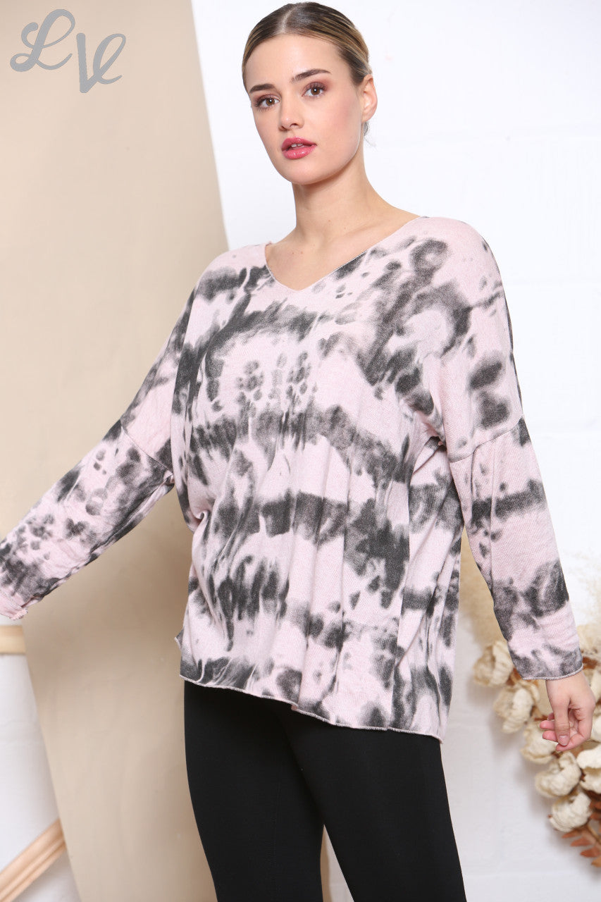 Ladies Tie Dye Print Fine Knit Jumper Top Dusty Pink