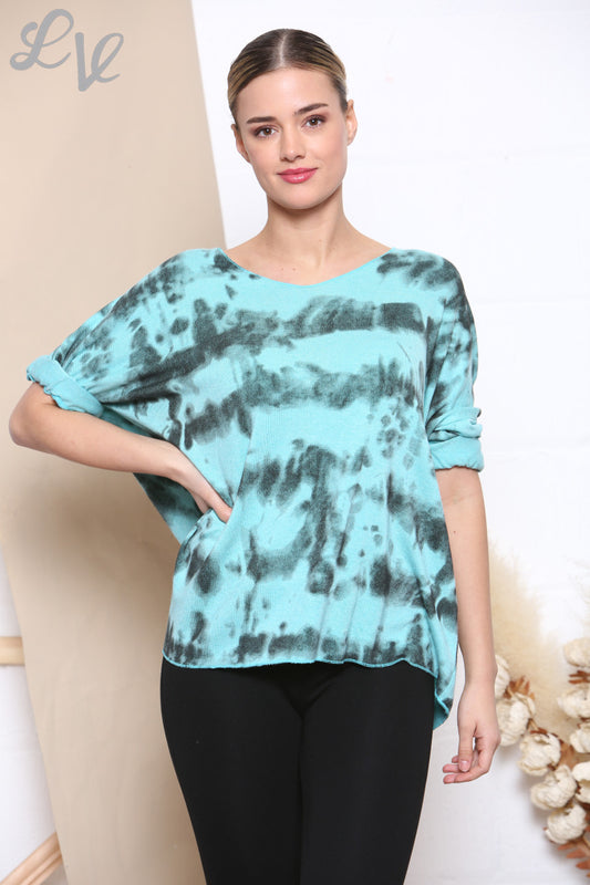 Ladies Tie Dye Print Fine Knit Jumper Top Turquoise