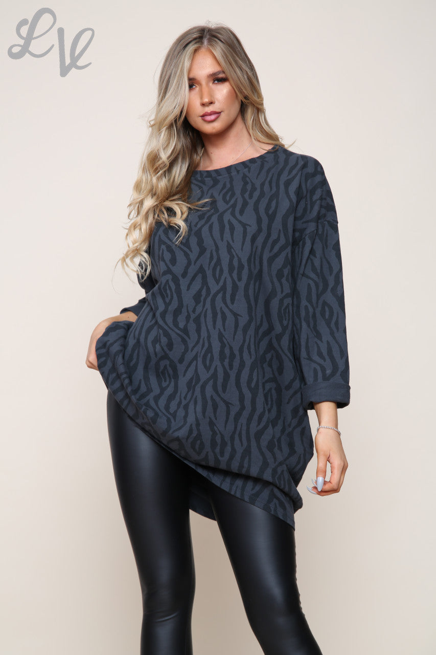 Dames Zigzagprint Tuniek Top Jurk Antraciet Stukprijs €8,99