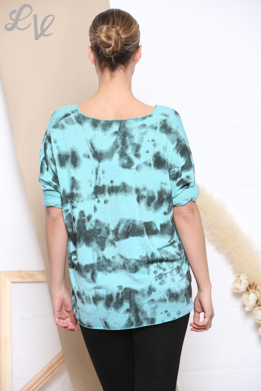 Dames Tie Dye Print Fijngebreide Trui Top Turkoois