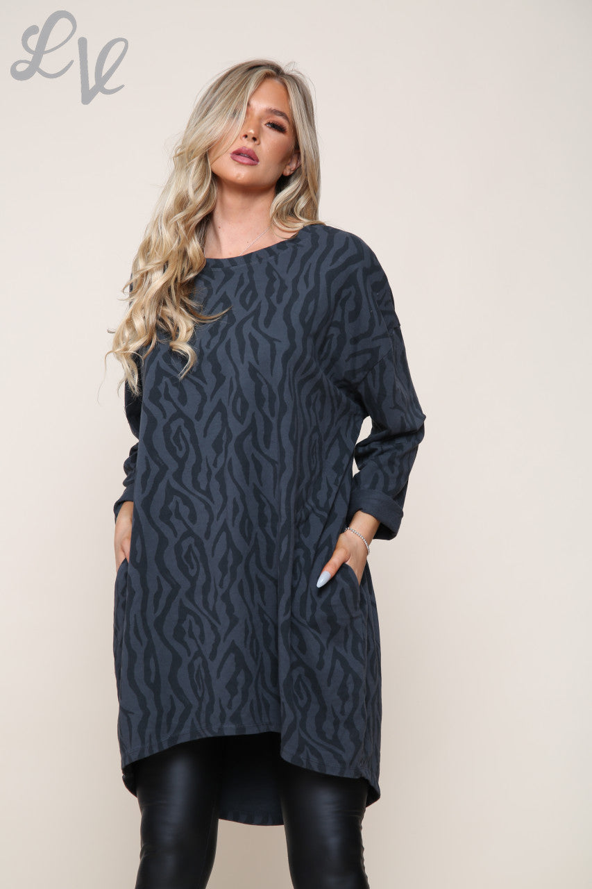 Dames Zigzagprint Tuniek Top Jurk Antraciet Stukprijs €8,99