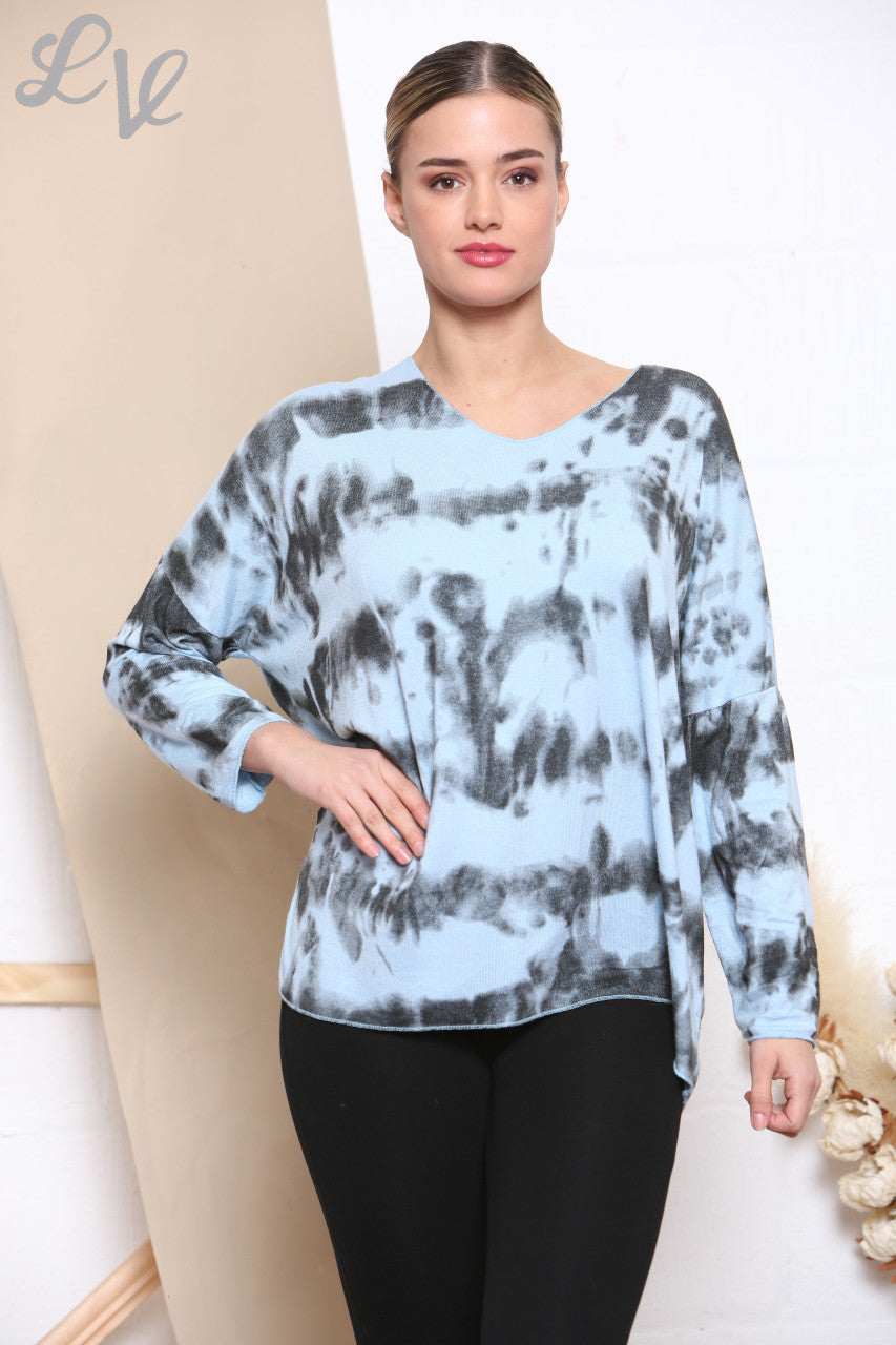 Ladies Tie Dye Print Fine Knit Jumper Top Sky Blue