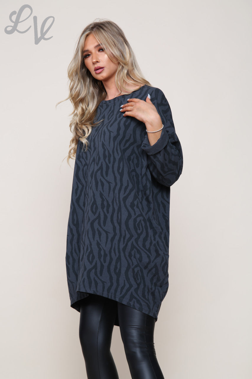Dames Zigzagprint Tuniek Top Jurk Antraciet Stukprijs €8,99