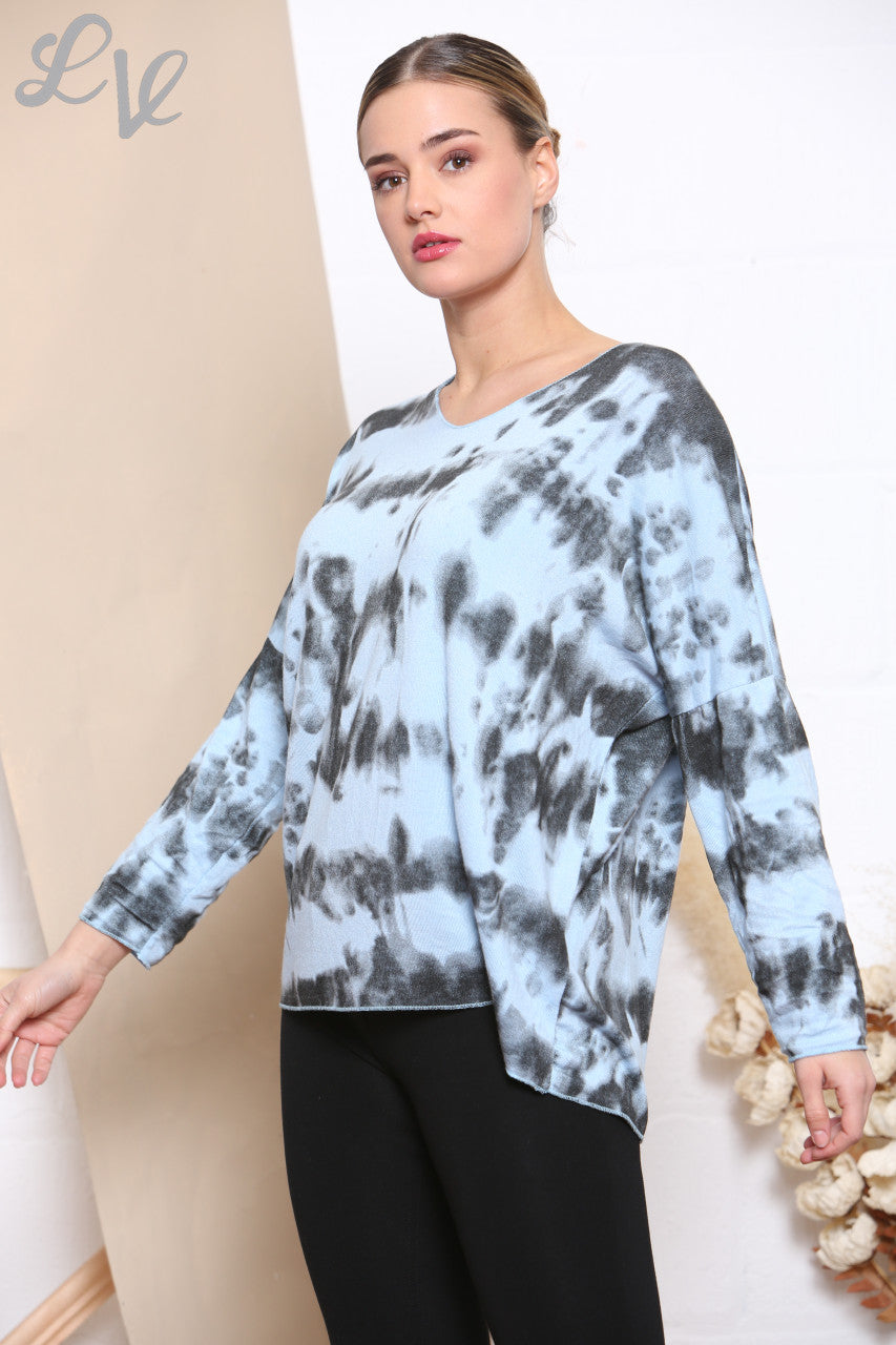 Ladies Tie Dye Print Fine Knit Jumper Top Sky Blue