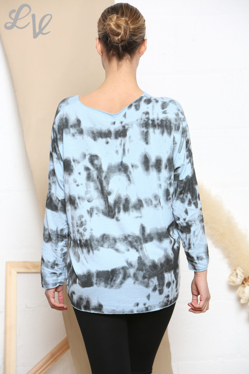 Ladies Tie Dye Print Fine Knit Jumper Top Sky Blue